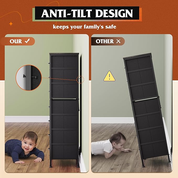 WLIVE Tall Dresser for Bedroom, 7 Drawer Dressers & Chests of Drawers, Fabric Dresser for Closet, Night Stand with Metal Frame, Storage Tower with Fabric Bins, Woodtop, Charcoal Black Wood Grain Print