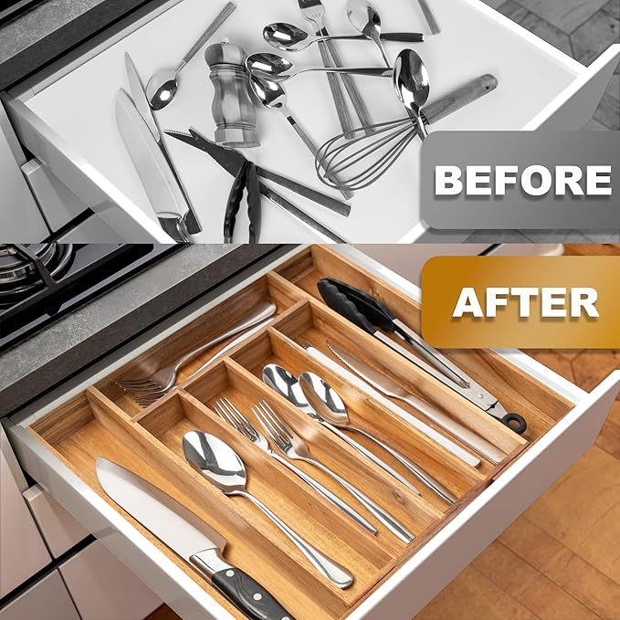 Expandable Utensil Organizer Silverware Organizer for Kitchen Adjustable Utensils Holder Acacia Large Flatware Silverware Cutlery in Drawer (7 Slot, Acacia)
