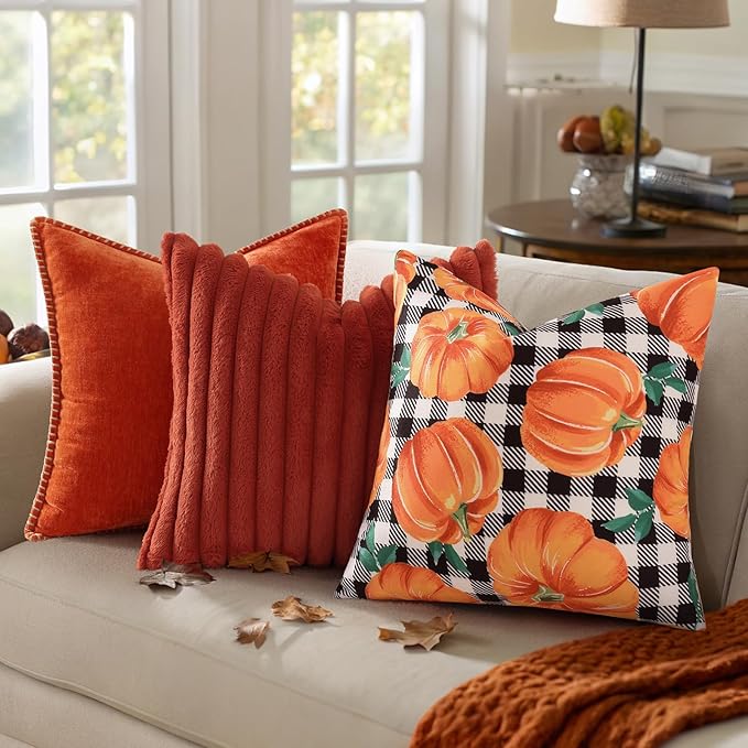 decorUhome Fall Orange Pumpkin Linen Decorative Throw Pillow Covers 16x16 Set of 2, Buffalo Plaid Check Farmhouse Gingham Cushion Covers with Stitched Edge for Autumn Harvest Couch Sofa Bed