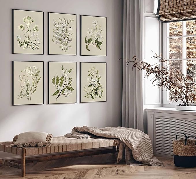 6 PCS Neutral Floral Canvas Wall Art Vintage Rustic Farmhouse Flower Botanical Painting Picture Wall Decor Poster Print Artwork for Living Room Bedroom Home Decoration Unframed