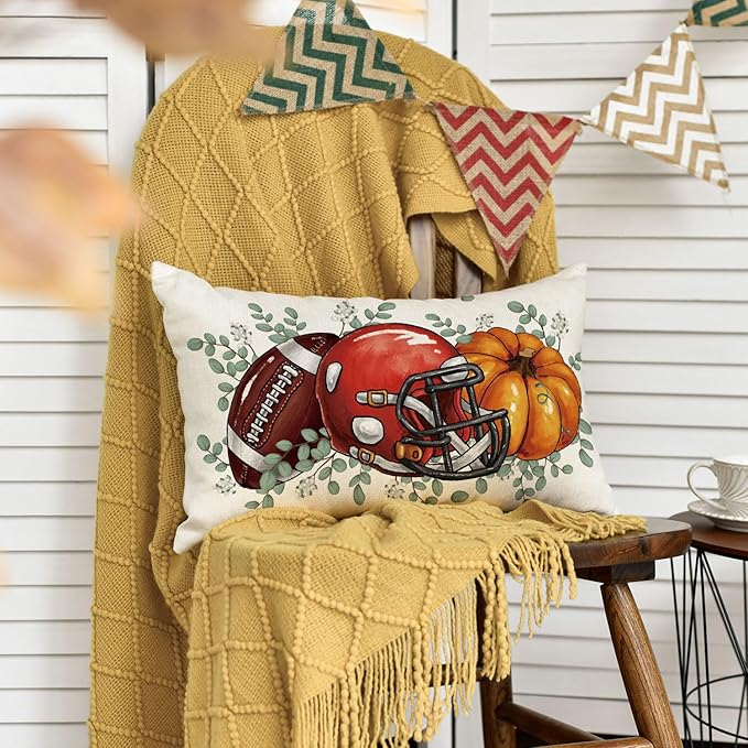 AVOIN colorlife Fall Football Pumpkin Throw Pillow Cover 12x20 Inch, Seasonal Autumn Eucalyptus Leaves Thanksgiving Harvest Cushion Case Decoration for Sofa Couch