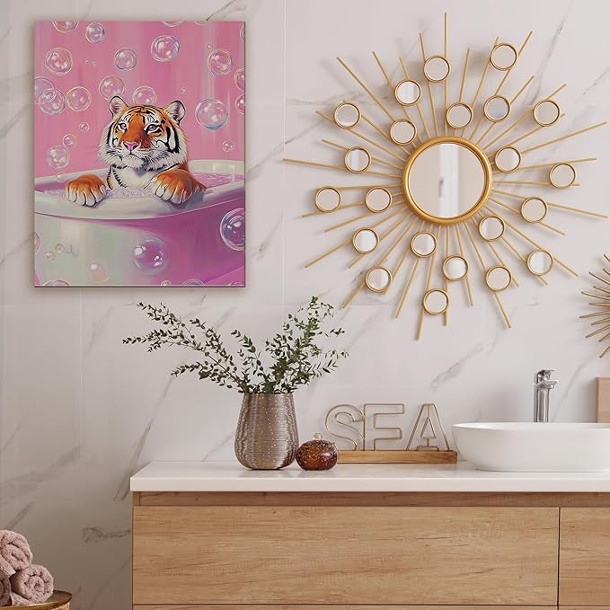 FITIE Trendy Bathing Tiger Bathroom Canvas Wall Art Poster, Pink Aesthetic Bubbles Tiger Framed Artwork Prints Wall Decor for Bathroom Half Bath Washroom, 11x14 Inch
