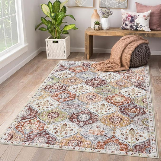 Lahome Moroccan Trellis Washable Small Area Rug, 3x5 Black Rug for Bedroom Living Room, Non-Slip Oriental Accent Throw Carpet for Kitchen Office Entryway Bathroom Office, Orange/Terracotta