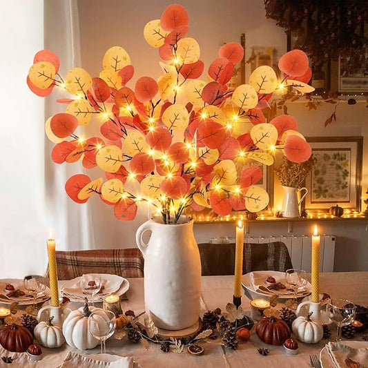 Agusbagli 30in 60LED Lighted Fall Eucalyptus Branches with Timer, Light Up Fall Eucalyptus Leaves Stems Battery Operated Lit Artificial Twig Autumn Fall Decorations for Home Wedding Party Decor