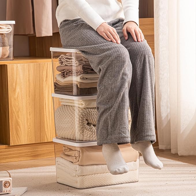 4-Piece Set,Plastic Storage Bin with Lid,Large Storage Containers,Stackable Lidded Storage Boxes for Cabinets, Clothes, Toys, Books (clear 4XL(with wihte lid))