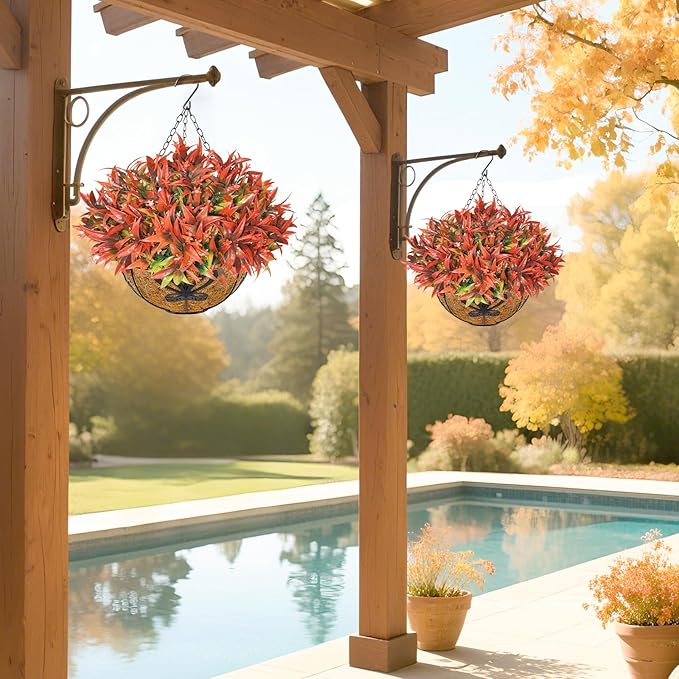 Uieke 2PCS Artificial Hanging Flowers for Outdoors with Hanging Basket, 22.8" 10pcs UV Resistant Fall Faux Flowers, Fake Hanging Plants for Autumn Garden Porch Patio Balcony Decoration