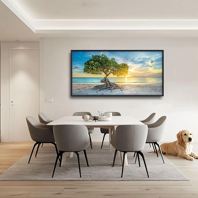 Beach Tree Large Framed Wall Art Sunrise Coastal Sea Pictures Oversized Tree of Life Wall Decor Canvas Print Painting Aesthetic Modern Artwork for Living Room Bedroom Office Bathroom Home Decor 60L"x30W"