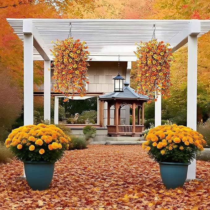 Fall Artificial Hanging Flowers for Outdoor 2 Pcs Fake Hanging Plants Autumn Decor -UV Resistant Artifical Faux Flower Silk Flowers for Indoor Planter Porch Balcony Yard Decor (Orange+Yellow)
