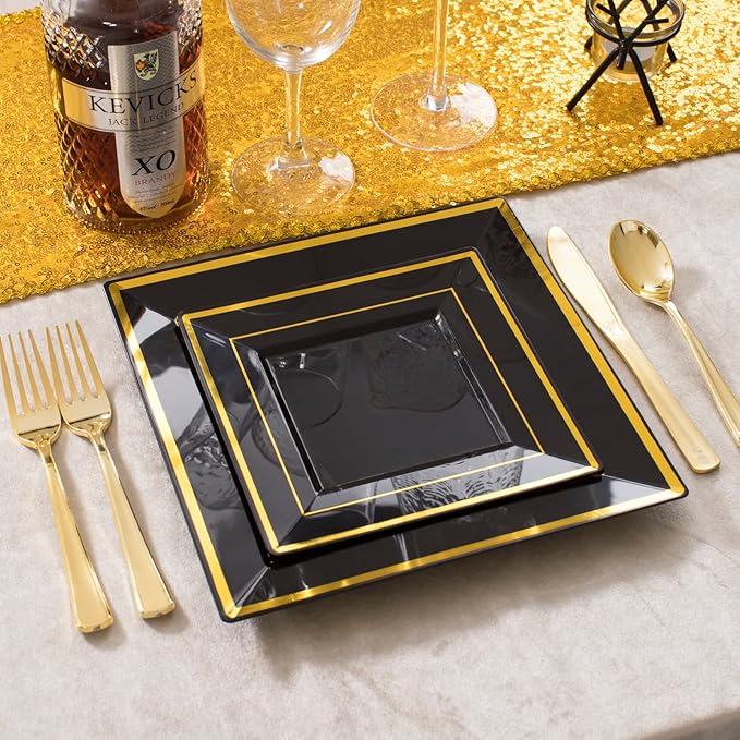 WDF 125Pieces Black Square Plastic Plates with Gold Rim Gold Disposable Silverware - include 25Pcs Dinner Plates,25Pcs Dessert Plates,25 Forks, 25 Knives, 25 Spoons for Halloween