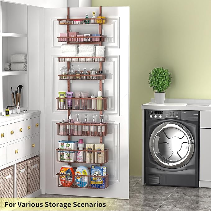 Moforoco Over The Door Pantry Organizer, Pantry Door Organizer Shelves, Kitchen Organizers and Storage, Hanging Basket Wall Spice Rack Seasoning Shelves, Laundry Room Bathroom accessories（Brown ）