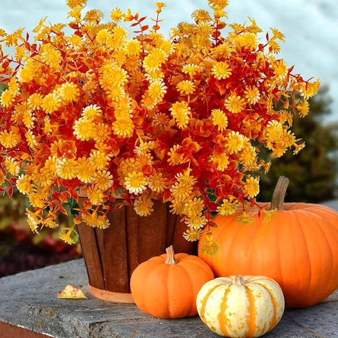 12 Bundles Artificial Fall Flowers for Outdoors Fake Plants - Faux Outside Greenery Boxwood No Fade Plastic Shrubs Decor Farmhouse Home Garden Thanksgiving (Fall Yellow)