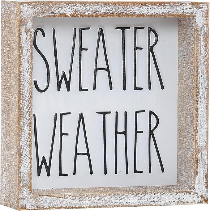 Embossed Sweater Weather Sign, Rustic Fall Decorations for Home, Fall Centerpieces for Table Cubicle Desk Mantel Fireplace, Autumn Tiered Tray Decor