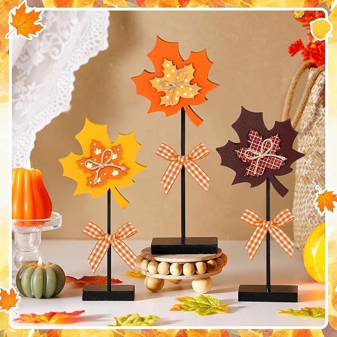 3 Pieces Large Fall Maple Leave Wooden Tabletop Sign Maple Leave Tall Standing Wood Block Autumn Table Sign for Fall Thanksgiving Tiered Tray Home Desk Office Party Decoration
