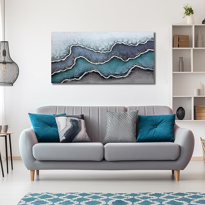 Beach Theme Painting Wall Art for Living Room Blue and White Canvas Wall Art for Office Hand Painted Wall Decor for Dining Room Size 20 x 40 Inch