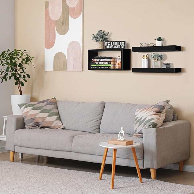 Sorbus Floating Shelves for Wall Set of 3 - Bathroom Shelves for Wall Storage, Over Toilet, Bedroom, Farmhouse, Decor - 2 Floating Shelves with Invisible Brackets & 1 Rectangular Box, Black