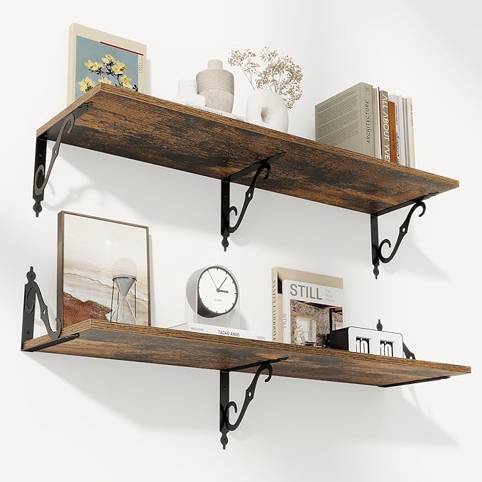 RICHFOCUS 12 Inch Deep Floating Shelves for Wall, 39" W x 12" D Wood Wall Shelves Set of 2, Wide Floating Shelves for Living Room, Bedroom, Kitchen, Bathroom and Decor Storage, Rustic Brown