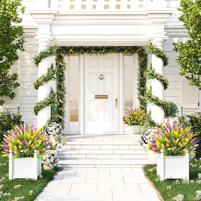 N&T NIETING 20 Bundles Artificial Plants Outdoor Fake Monkey Grass with Flowers for Pot Garden Verandah Decor for Window Garden Office Patio Hanging Planter Pathway Front Porch (Mix Color)