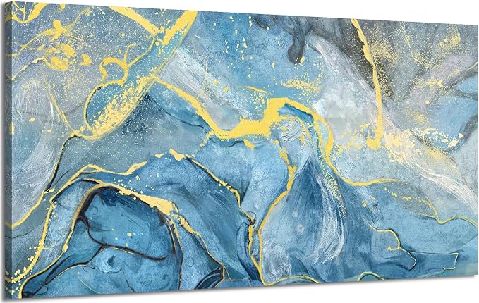 Canvas Wall Art Abstract Seascape Painting Blue Ocean Beach Theme Print Black and Yellow Fluid Texture Coastal Picture Sea Wave Natural Landscape Modern Artwork for Home Bedroom 20x40inch