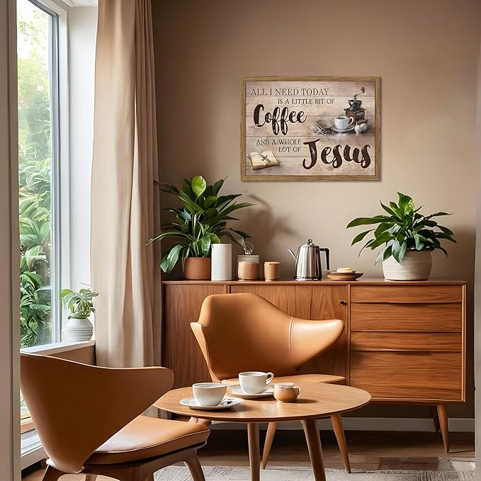 Wood Framed Christian Kitchen Wall Art, All I Need Today Coffee & Jesus Canvas Wall Decor Paintings, Coffee Motivational Posters Prints Pictures for Kitchen Bedroom Dining Room 12x16 Inch