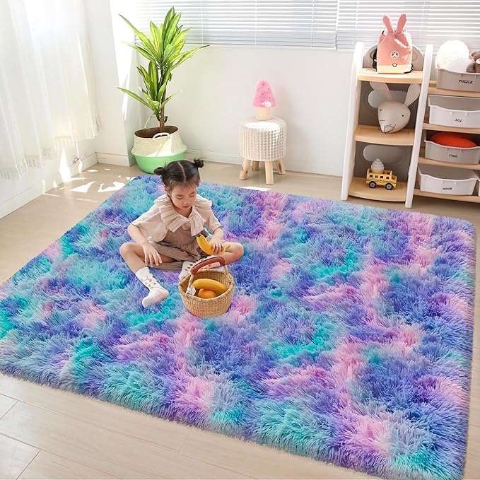 Tie-Dye Purple Rainbow Fluffy Rug for Bedroom 4x6ft Soft Shag Area Rug Mat Bedside Throw Rug for Living Room Kids Room Boys Teens Nursery Baby Dorm Office Home Decor Carpets
