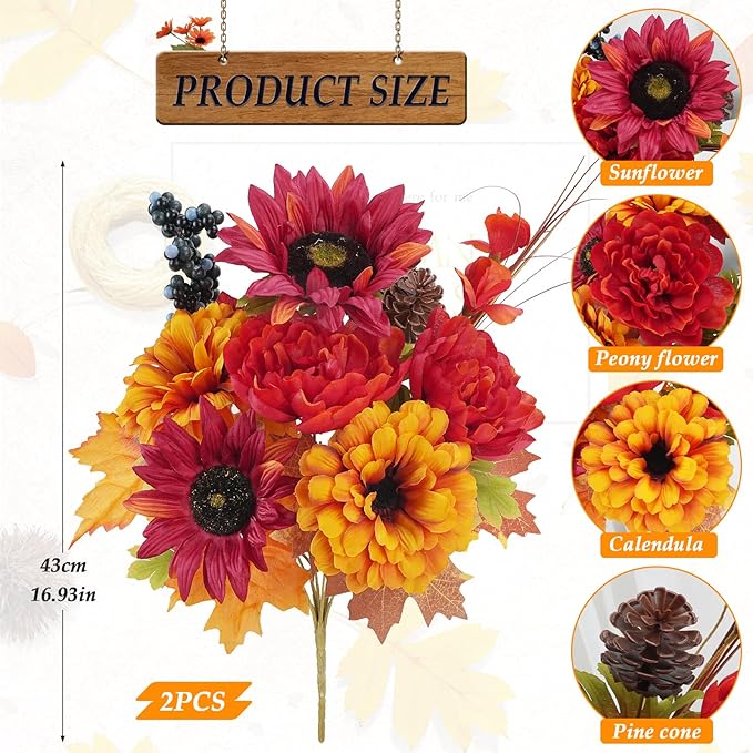 HUAESIN Artificial Fall Flowers 2 PCS Silk Sunflower with Peony Fall Cemetery Flowers Faux Flowrer Arrangements Home Indoor Outdoor Planter Decor Party Wedding Table Autumn Decoration