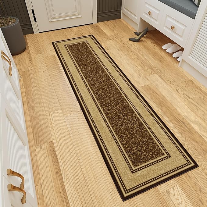 Ottomanson Hallway Runner Rug 1'10" x 7' Non Slip Border Area Rugs Easy to Clean Laundry Rug Runner Durable & Pet Friendly Floor Carpet Runners for Hallways Entryway Living Room Kitchen, Brown