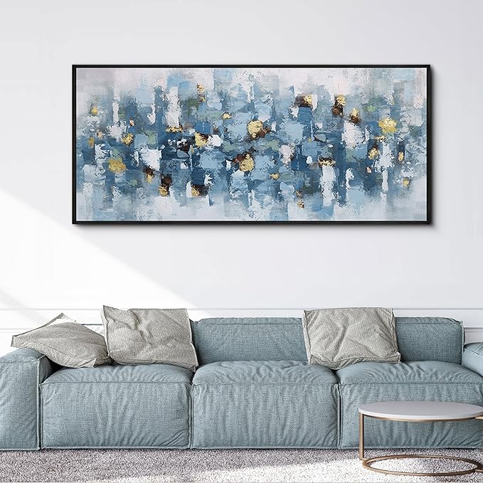 KLAKLA Blue and White Abstract Wall Art - Living Room Wall Decor Gold Picture Artwork for Walls Prints Paintings Framed Canvas Bedroom Office Guest Room Home Decoration 70x31 Inches