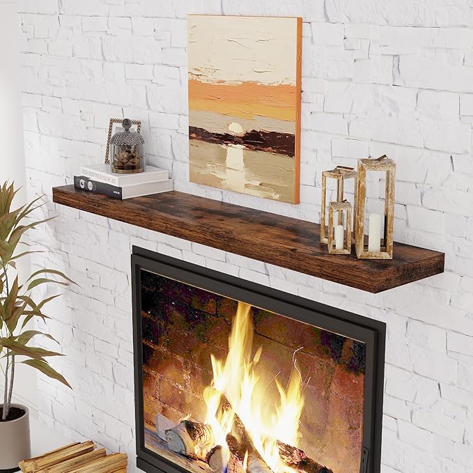 Floating Shelves 55 Inch Long, 55"W x 9.3"D Wall Shelf Invisible Bracket, 9.3 Inch Deep Floating Shelf for Wall, Rustic Wooden Shelves for Living Room, Kitchem, Bedroom, Rustic Brown Color, Set of 1