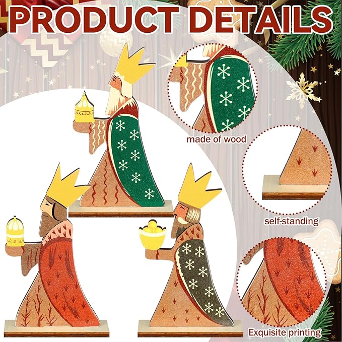 Barydat 3 Pcs Nativity Theme Decor Three Wise Men Christmas Table Decorations Wooden Centerpieces Epiphany Table Sign Christian Gifts Nativity Christmas Decoration for Indoor Home Xmas Holiday Party
