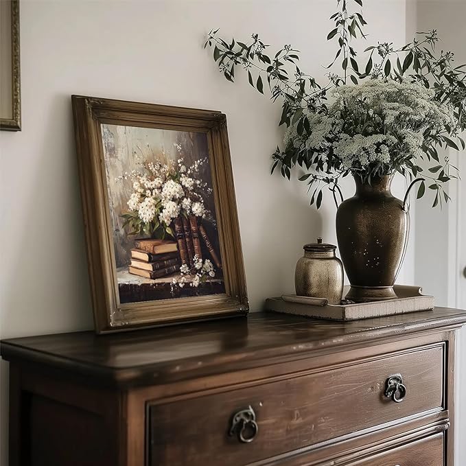 uniro Vintage Wall Art Prints, Moody Books and Flowers Wall Painting Canvas Prints, Antique Dark Academia Decor, Vintage Art Pictures Aesthetic Wall Decor for Bedroom Gallery Bathroom decor( 8" x 10"-UNFRAMED)