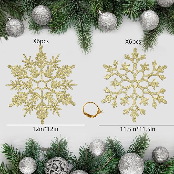 12pcs Large Christmas Snowflakes Decorations, 12" Big Plastic Glitter Gold Snowflake Ornaments for Winter Indoor Outdoor Christmas Tree Holiday Window Room Decor Craft Snowflakes
