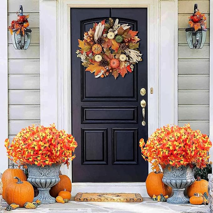 16 Bundles Artificial Fall Flowers for Outdoors, Realistic No Fade Fake Silk Flowers, Faux Fall Plants for Outside Planters, Porch, Patio, Garden Decor(Sunset)