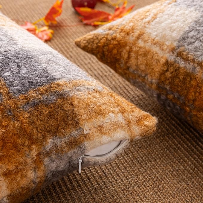 Yellow Plaid Fall Throw Pillow Covers 20x20 Inch Set of 2, Boucle Decorative Pillow Covers,Cozy Fluffy Home Living Room Farmhouse Decor for Sofa Couch Bed