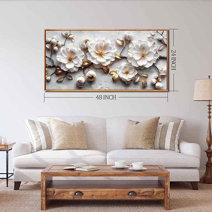 Ouzzlie White Flowers Wall Art for Living Room Floral Beautiful Pictures for Wall Nature Wall Decor Bedroom 24"x 48"
