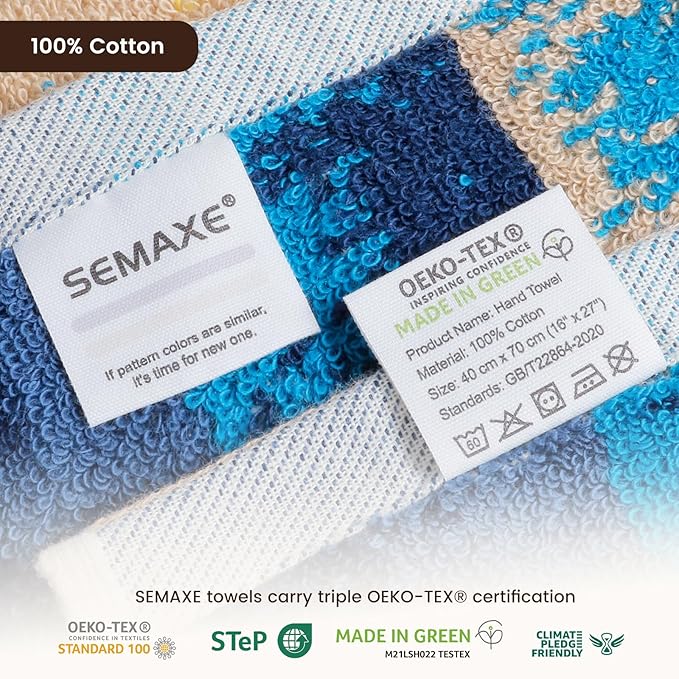 SEMAXE Hand Towels for Bathroom, 100% Cotton Towels with Hanging Loops, Soft & Highly Absorbent, 12 Pack Hand Towel Set for Gym, Shower, Hotel, Spa and Kitchen, Colorful Towel - Beach Collectio