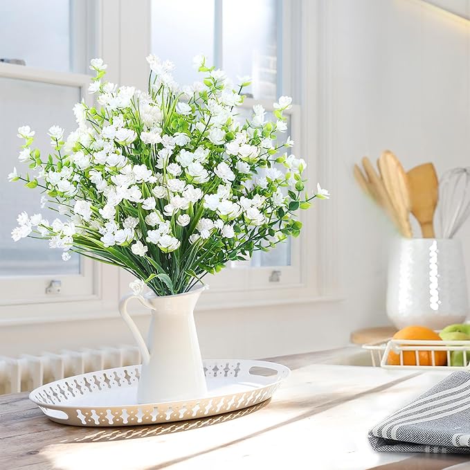 Sggvecsy Artificial Flowers for Outdoors 24 Bundles UV Resistant Boxwood Shrubs Artificial Eucalyptus Fake Plants Faux Plastic Greenery for Farmhouse Garden Home Indoor Outdoor Decoration（White）