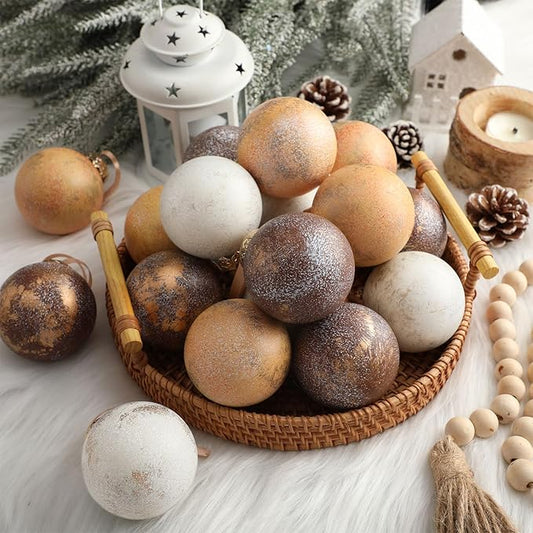 12 Pcs Neutral Textured Christmas Ball Ornaments 2.36'' Vintage Christmas Tree Decor Modern Rustic Brown Ornaments with Loop Shatterproof Hanging Ball for Xmas Farmhouse Decor (Light Brown)