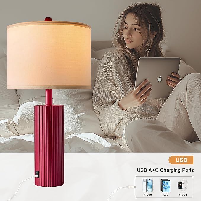24.5" Red Touch Lamps Set of 2, Modern Living Room Table Lamps with USB C+A Ports, 2 Bulbs Included, Table Light Fixture for Nightstand, Creative Stripe Bedside Lighting