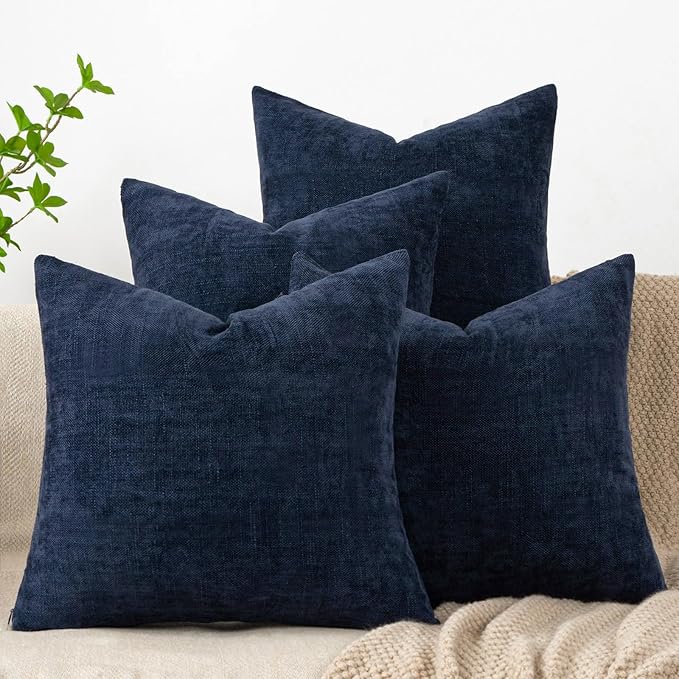 Set of 4 Soft Textured Decorative Throw Pillow Covers 20x20 Inch Cozy Farmhouse Cushion Cover Square Accent Pillow Cases for Bed Couch Sofa Living Room, Navy Blue