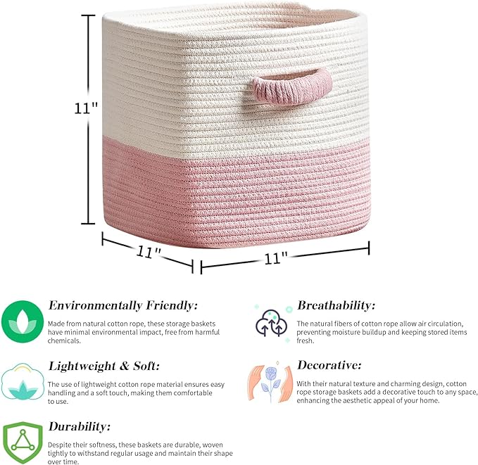 Storage Cube Baskets for Organizing 11 inch-3 Pack- Square Baskets for Cube Storage, Closet Storage Bins - Woven Cube Storage Bins for Shelves- Cube Drawer- Ideal for Toy Storage White & Pink