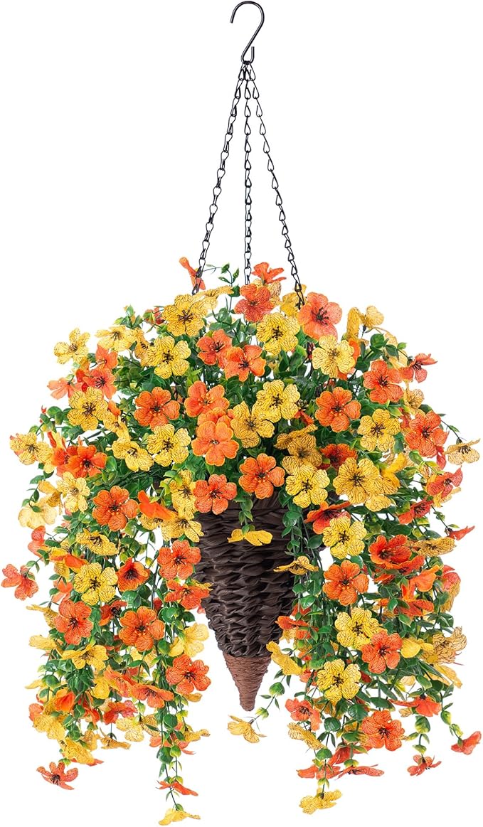 Artificial Flowers for Outdoors Decoration, 2Pcs Fake Hanging Spring Decor, Yellow and Orange Realistic Plants, UV & Fading Resistant Silk Flower for Porch Patio Balcony Planter Yard