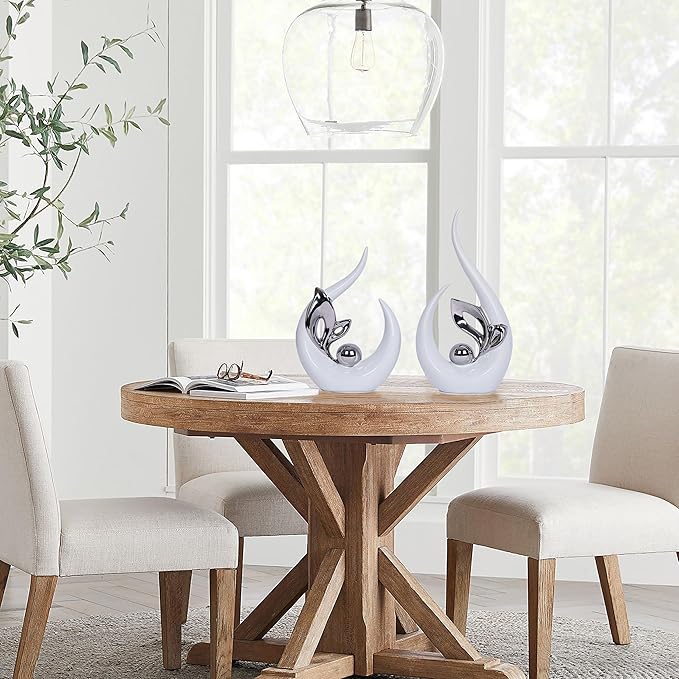 2 PCS White Decor Accent Ceramic Statue White Silver Mid Century Modern Home Decor Accents Sculpture Decorations Centerpieces for Living Room Kitchen Coffee Table Shelf Bookshelf Office Dining Table