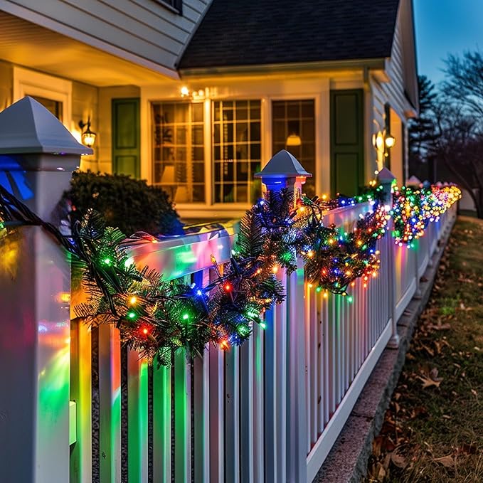 TW SHINE 30 FT Pre-Lit Christmas Garland Decorations, 100 LED Lighted Artificial Pine Garlands with 8 Modes, Green Garland for Indoor Outdoor Door Home Stairs Holiday Decor, Multi-Colored