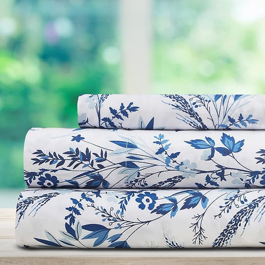 DREAMCARE Twin Size Sheets - Cooling Bed Sheets - Twin Sheet Set - Soft & Long Lasting 100% Fine Brushed Floral Blue Sheets
