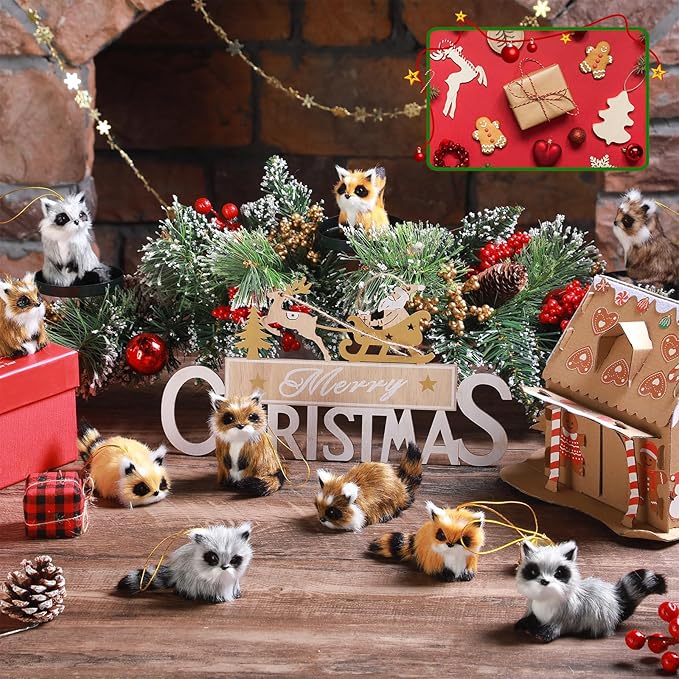 Skylety 10 Pieces Forest Animals Ornaments Woodland Animal Faux Fur Plush Hanging Ornaments Family Educational Playset for Fall, Christmas, Winter Birthday Party Supplies(Raccoon)