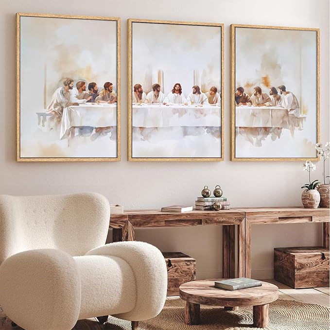 KAIRNE Jesus Last Supper Framed Canvas Wall Art Set, Christian Twelve Apostle Wall Decor, Bible Renaissance wall Painting, Religious Picture Art Print for Living Room, Bedroom, Church, Large 24"x36"x3