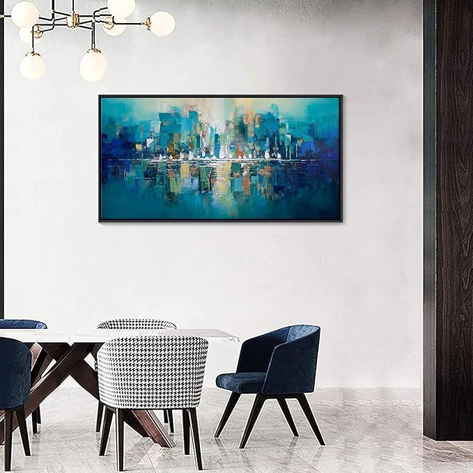 Large Wall Art for Living Room - Abstract Wall Decor Framed Picture Artwork for Wall Decorative Paintings Teal and White Modern Office Bedroom Art