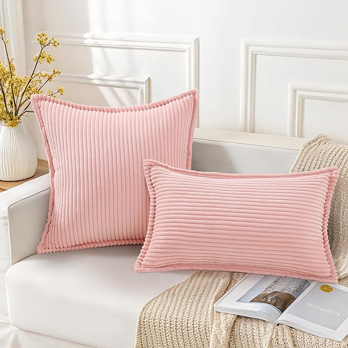 Mecatny Corduroy Throw Pillow Covers 26x26 Set of 2, Neutral Decorative Soft Boho Couch Pillow Covers with Broadside for Sofa Living Room, Pink