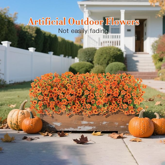 24 Bundles Fall Flowers Artificial for Decoration Outdoors, Fake Plants Autumn, Mums Daisy Eucalyptus Realistic UV Resistant for Garden Patio Porch Home Decor, Orange