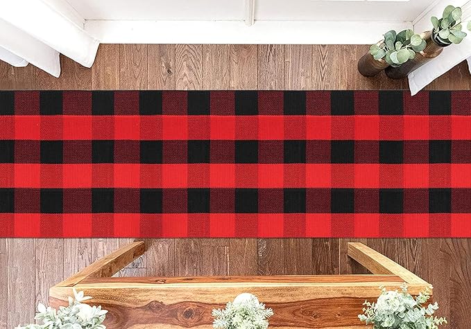 KOZYFLY Buffalo Plaid Rug 2x8 Ft Runners for Hallways Washable Checkered Rug Red and Black Christmas Rugs Woven Cotton Kitchen Fall Rug Halloween Decor for Hallway Kitchen Living Room
